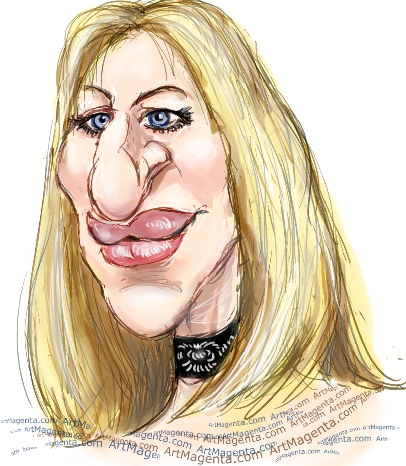 Barbra Streisand caricature cartoon. Portrait drawing by caricaturist Artmagenta