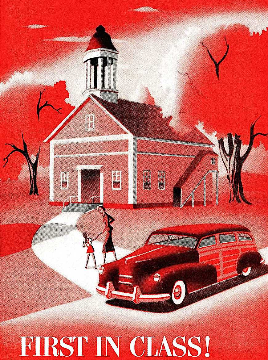 1940s school house a 1940s car illustration in red "First in Class!"