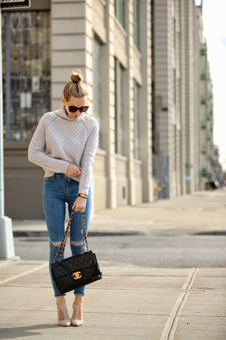 Brooklyn Blonde knit vintage Chanel Bag Topshop Ripped Jeans