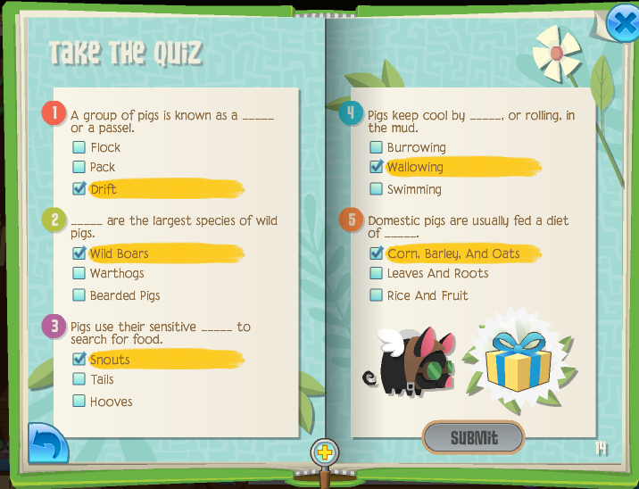 The Animal Jam Whip Pig Minibook Quiz Cheats