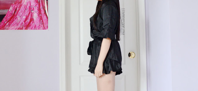 Romwe Fashion Review: Rompers x Silk Black ruffled silky satin v-neck plunging wrap front romper from Romwe, with a matching choker that can also be worn as a belt.