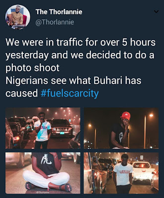 Lol... Nigerians stage impromptu photo shoot while waiting in queue to buy fuel (photos)