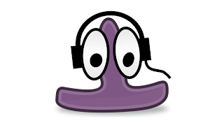 Imagem do mascote do programa gPodder, lembra um caracol, na cor roxa, usando fones de ouvido