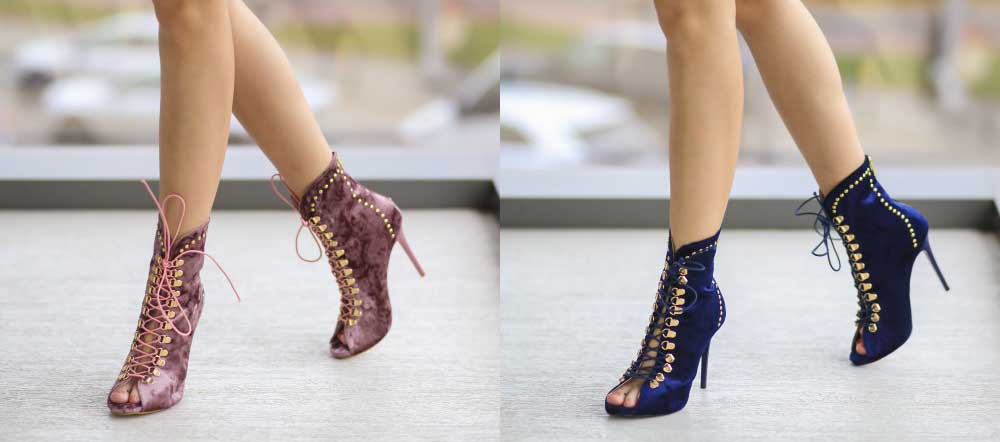 Botine din catifea roz, bleumarin de ocazii decupate in varf Botine din catifea roz, bleumarin de ocazii decupate in varf