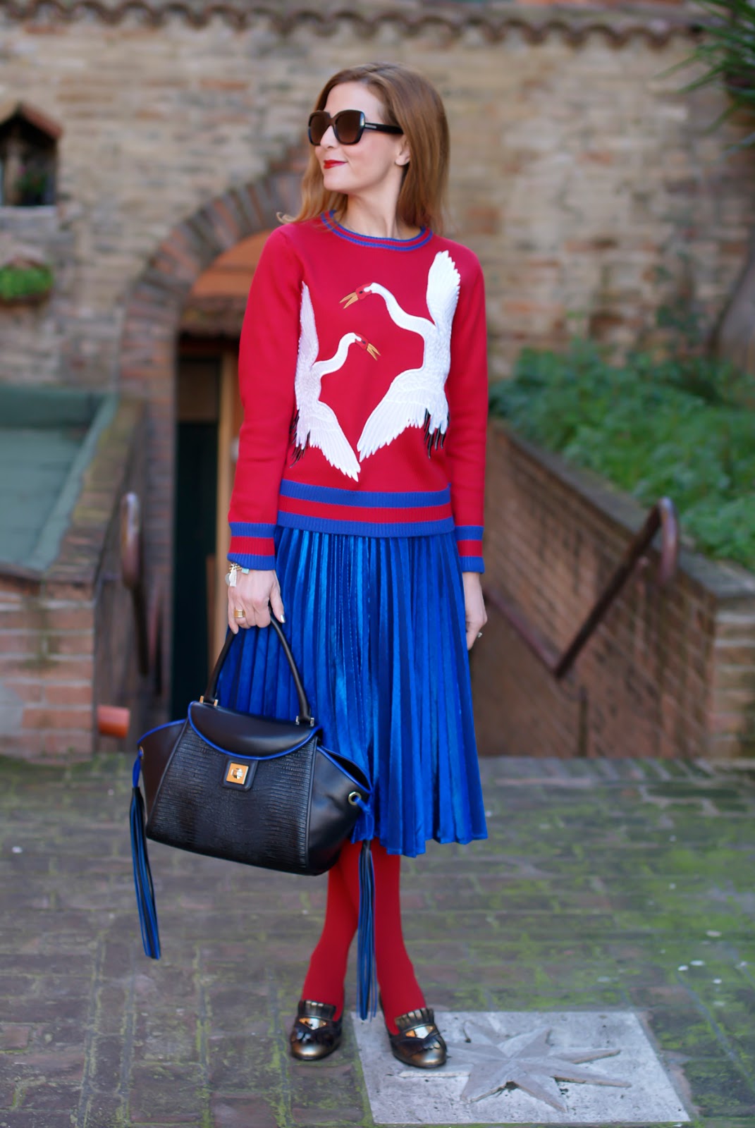 Dezzal bird embroidered sweater, metallic pleated skirt and Iaya Asciani Paris bag on Fashion and Cookies fashion blog, fashion blogger style