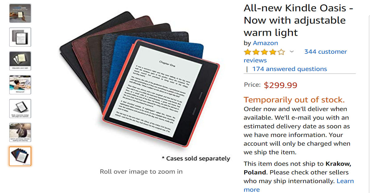 Kindle Oasis 3 z 32 GB pamięci czasowo niedostępny w Amazon.com