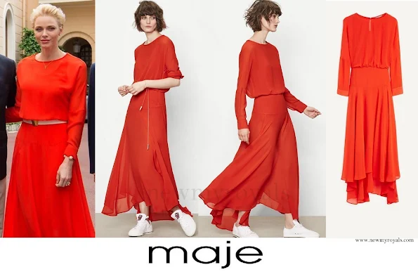 Princess Charlene wore Maje Red Long dress. The Red Long dress retails for £213.5 on the MAJE website.