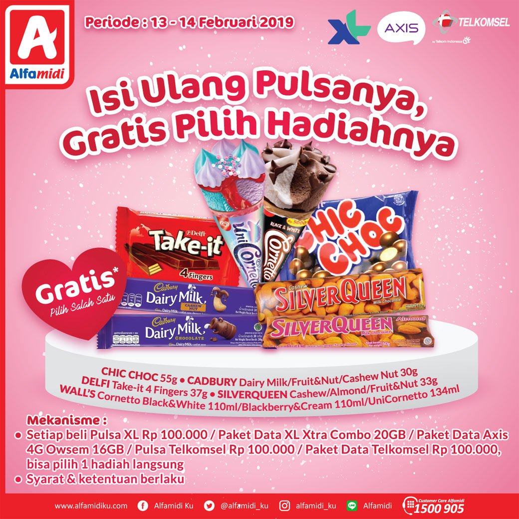 #Alfamidi - #Promo Isi Ulang Pulsa XL, AXIS & Telkomsel Gratis Pilih Hadiahnya (s.d 14 Feb 2019) #Alfamidi - #Promo Isi Ulang Pulsa XL, AXIS & Telkomsel Gratis Pilih Hadiahnya (s.d 14 Feb 2019)