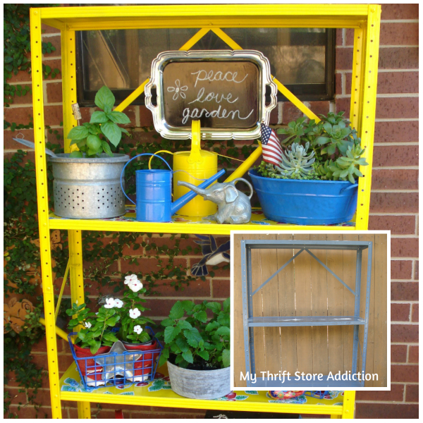 How to repurpose cheap utility shelves as a cute potting stand with additional storage: mythriftstoreaddiction.blogspot.com Repurposed utility shelf potting stand