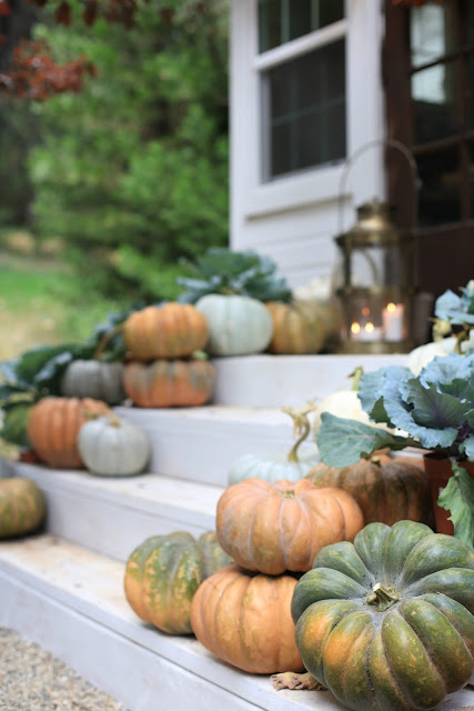Natural decorating-  pumpkins, leaves & lanterns porch