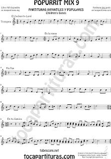 Mix 9 Partitura de Trompeta y Fliscorno El Cocherito Leré Infantil, En la Nieve, Pin Pon, En tu camino Popurrí Mix 9 Sheet Music for Trumpet and Flugelhorn Music Scores