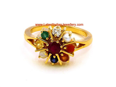 Latest Navaratna Ring in 22 karat Gold - Latest Indian Jewellery Designs