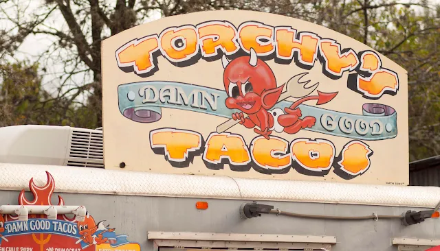 Torchy's Tacos sign at the Food Truck Trailer Park in Austin, Texas