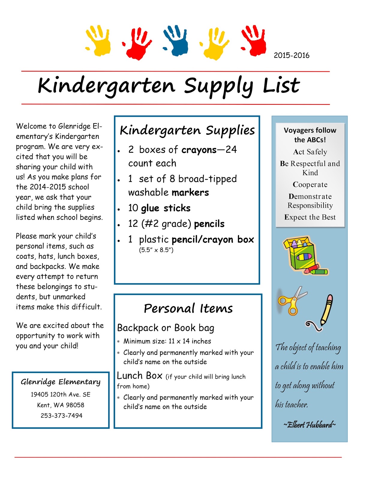 Kindergarten+Supply+List+15 16 - School Supply For Kindergarten
