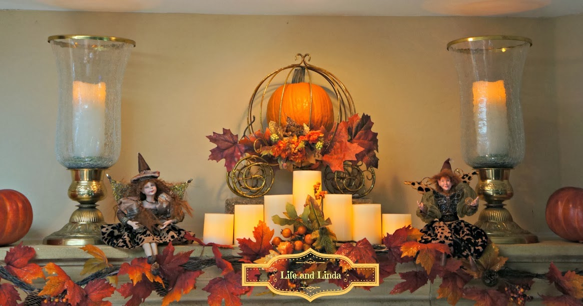 Harvest Mantel with Gold Pumpkin Carriage Life and Linda