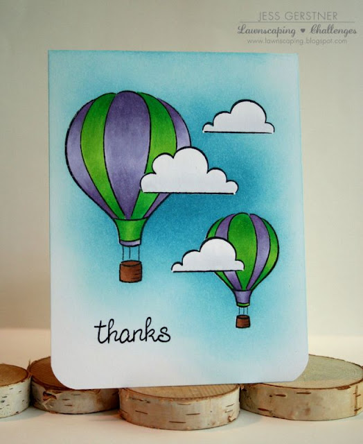 One Layer card by Jess Crafts featuring Lawn Fawn Blue Skies Hot Air Balloons