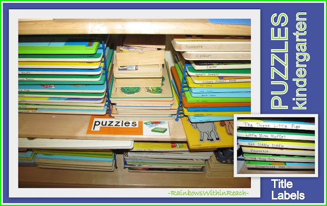 photo of: Puzzles Stored on Puzzle Rack and Marked with 'title' of Puzzles