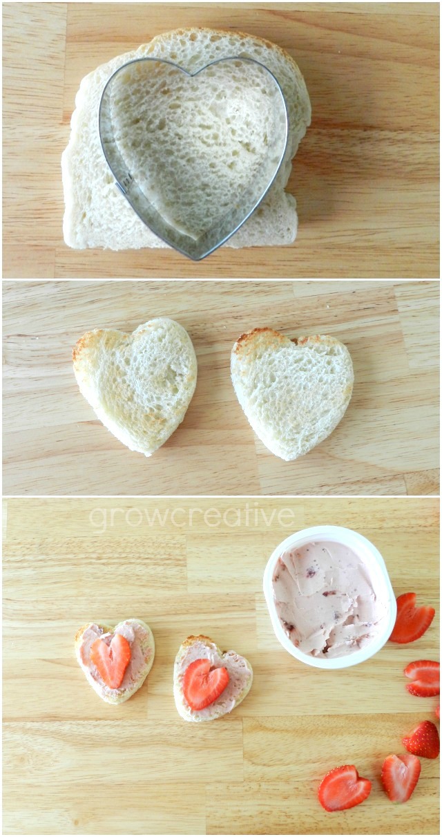 Make Valentine's Toast with Heart shaped bread, cream cheese,and strawberries: growcreative