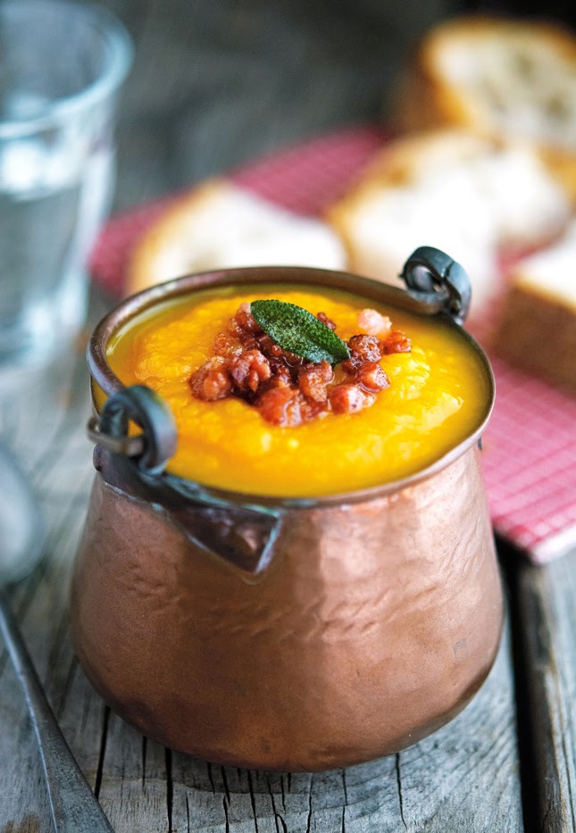 Pumpkin and Carrot Soup with Crispy Pancetta and Fried Sage