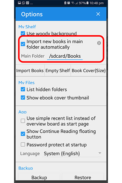 Mobile screenshot: Moon Reader setup - Import new books in the main folder automatically.