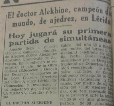 Alekhine en Lérida en 1944, recorte de La Mañana
