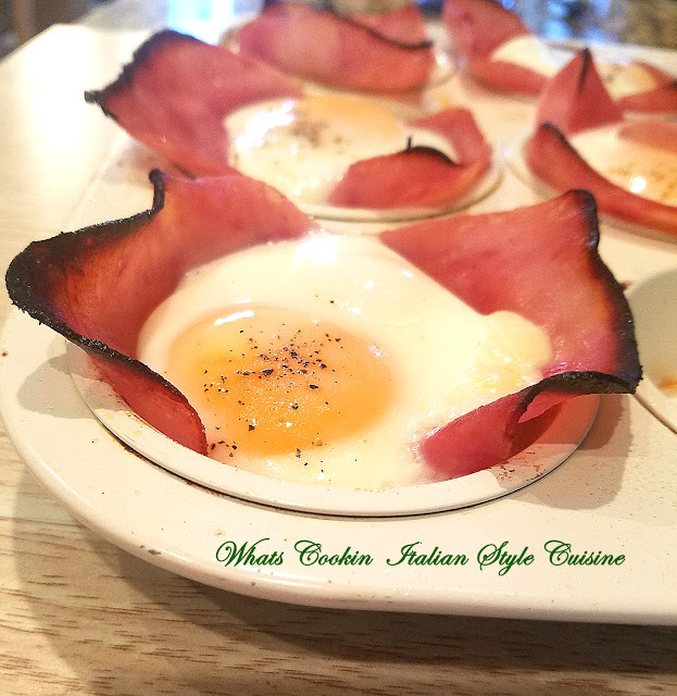 Ham and Egg Cups this is sliced deli ham using it as the base for a cupcake quiche .There is a baked eggs in the center of the ham and baked for an all in one breakfast brunch