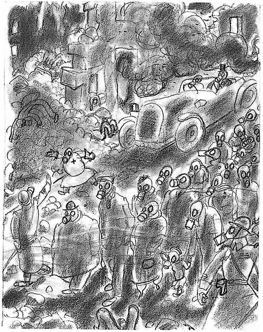 Gus Bofa a Gus Bofa drawing of the public in gas masks calmly continuing with life
