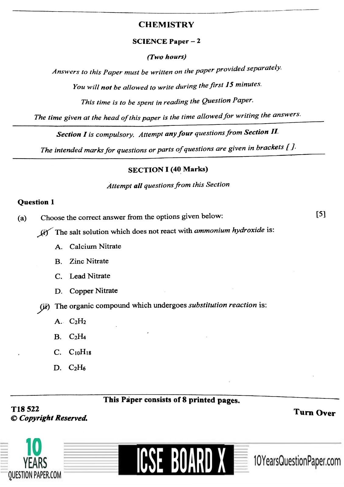 ICSE 2018 Science Chemistry board question paper for Class X ICSE Board 2018 class 10th Chemistry question paper Download page-01