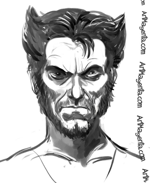 Hugh Jackman  as Wolverine caricature cartoon. Portrait drawing by caricaturist Artmagenta.