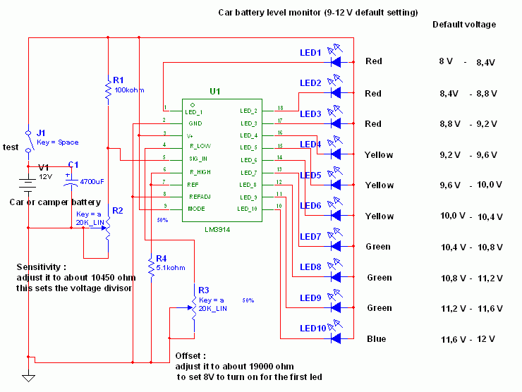 Using LM3914 Test a car battery voltage | Electronic Circuit Diagrams