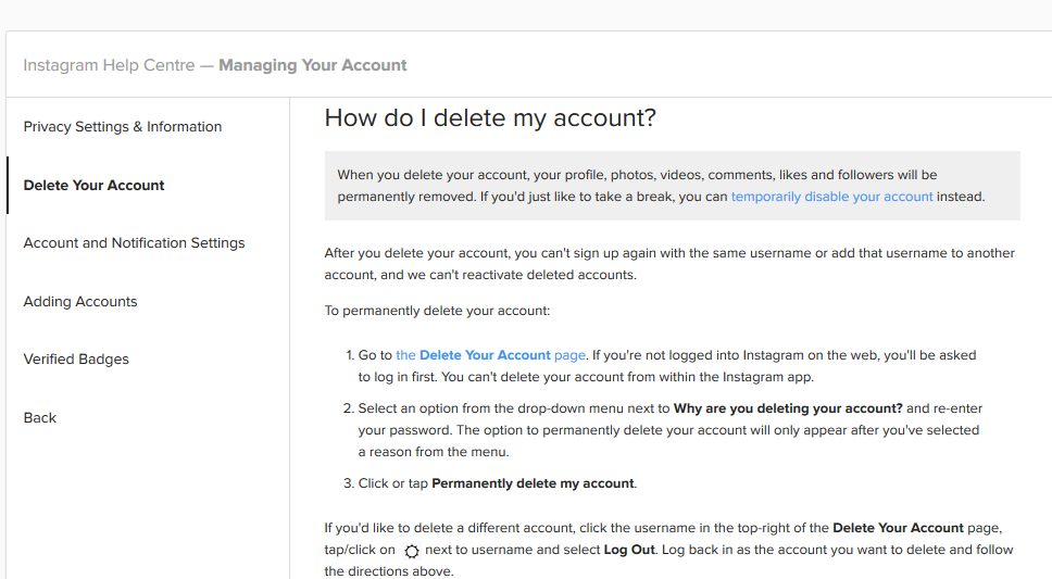 how to delete instagram account by facebook