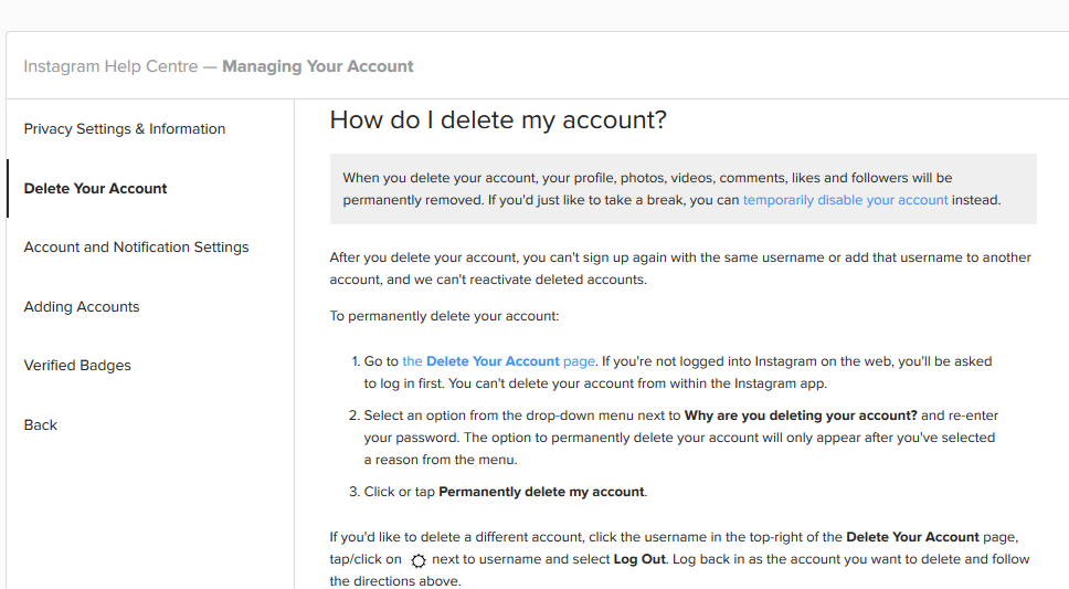 How to delete instagram account related to facebook