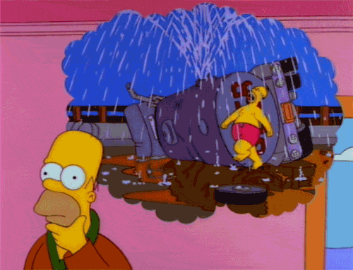 Homer Simpson imagining an overturned beer truck and prancing in it's spraying contents