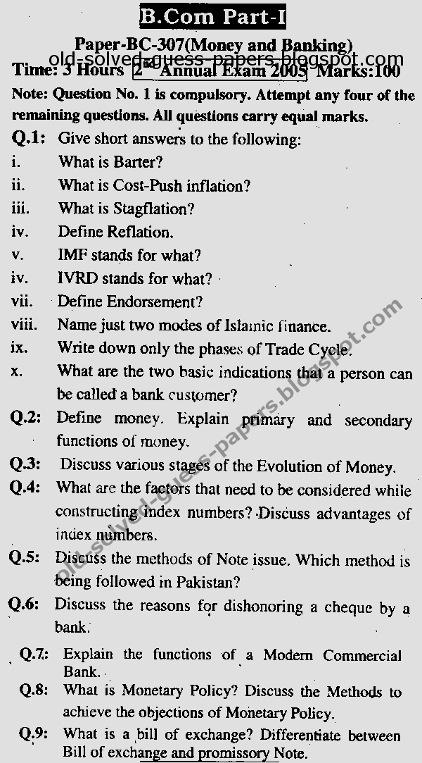 Money Banking and Finance (MBF) BC307 Old, Solved and Guess Papers