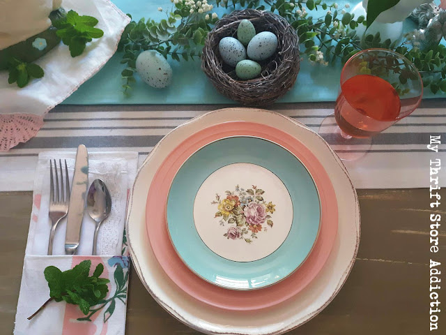I've gathered a collection of vintage thrifted and handmade treasures to create an elegant Easter tablescape with a touch of whimsy in shades of blush and aqua! Vintage Easter tablescape