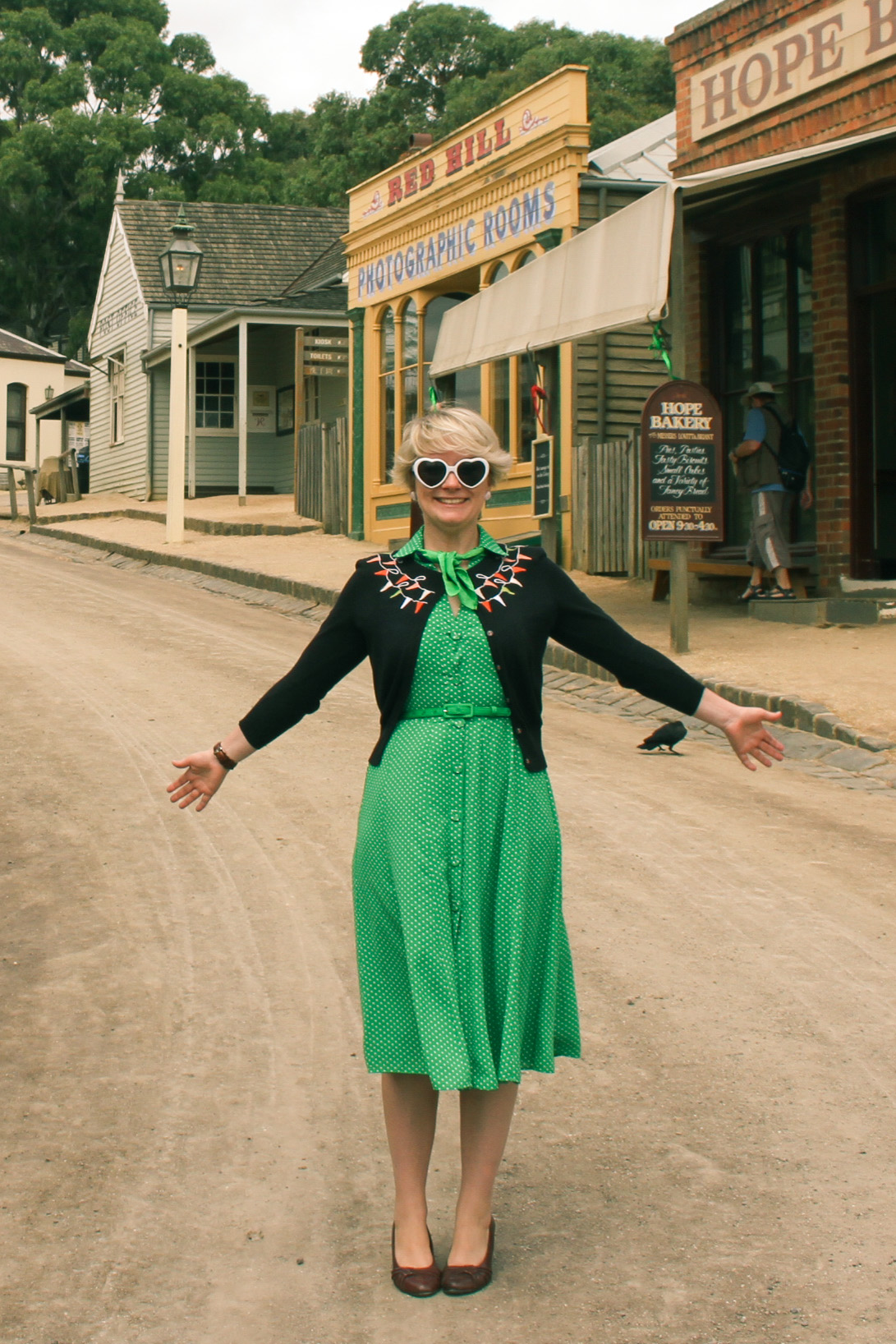 Finding Femme visits Sovereign Hill wearing green polka dot Review Australia, Laura Ashley, Cath Kidston and Sandler.