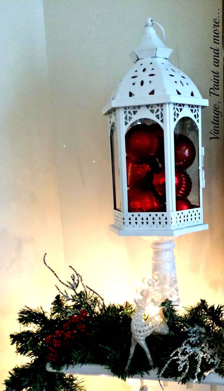 Vintage, Paint and more... snow mantel decor with white lantern filled with red ornaments