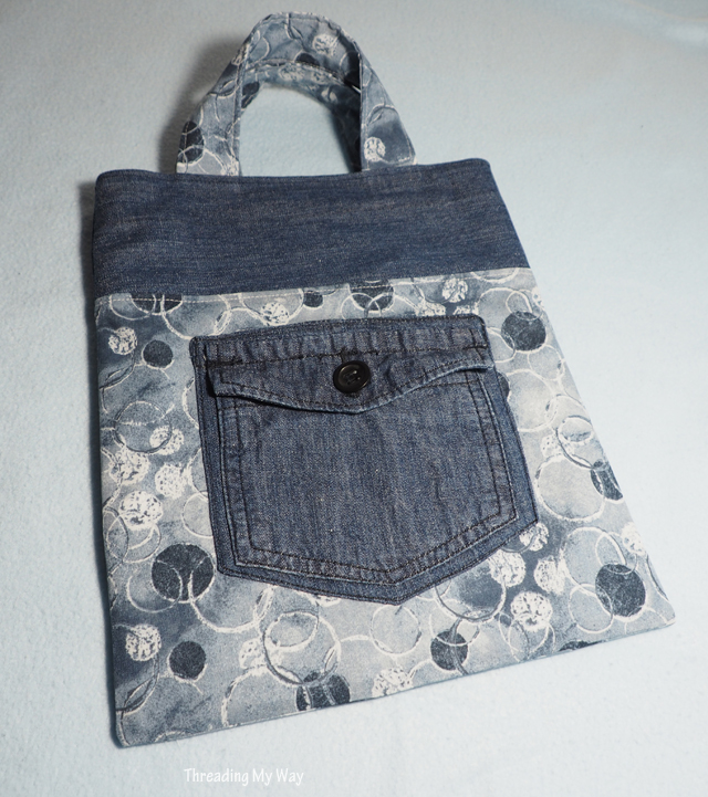 Learn how to make a denim and cotton tote bag. Tutorial by Threading My Way