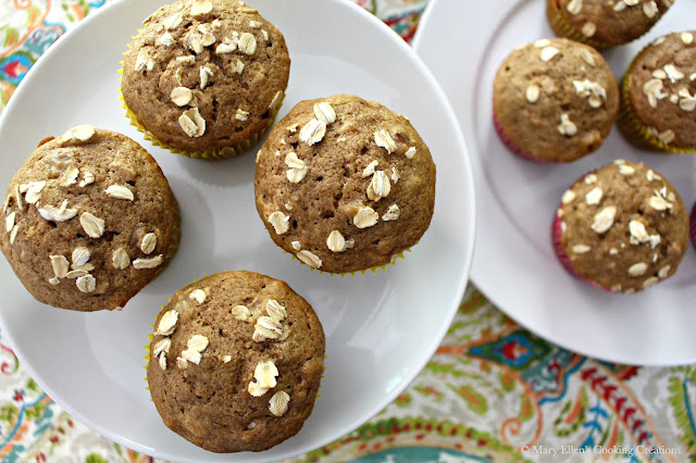 Healthy, whole wheat banana muffins with oats and walnuts, sweetened only with maple syrup