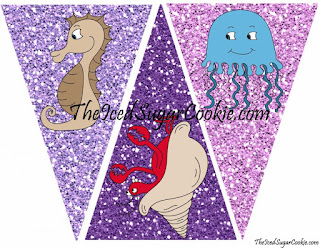DIY Mermaid Under The Sea Birthday Party Printables-Food Label Tent Cards, Cupcake Toppers, Flag Garland Hanging Banner-Purple Glitter Digital Download Template-Seahorse, Jellyfish, Hermit Crab Chocolate Sea Shells, Fish Eggs, Ocean Waves, Mermaid Sandwiches How many Pearls, Take A Guess, Guess How Many Seashells, How Many?