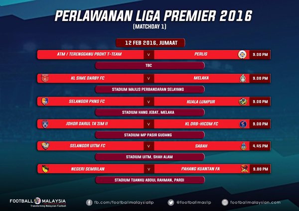 Liga Malaysia 2020 Jadual Perlawanan Pertama Liga Super Liga Premier 2016