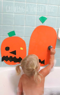 Use craft foam to make fun pumpkin decorating kits.  These are great on windows and at bath time and the craft foam is SO CHEAP!  Kids love decorating these pumpkins over and over again.