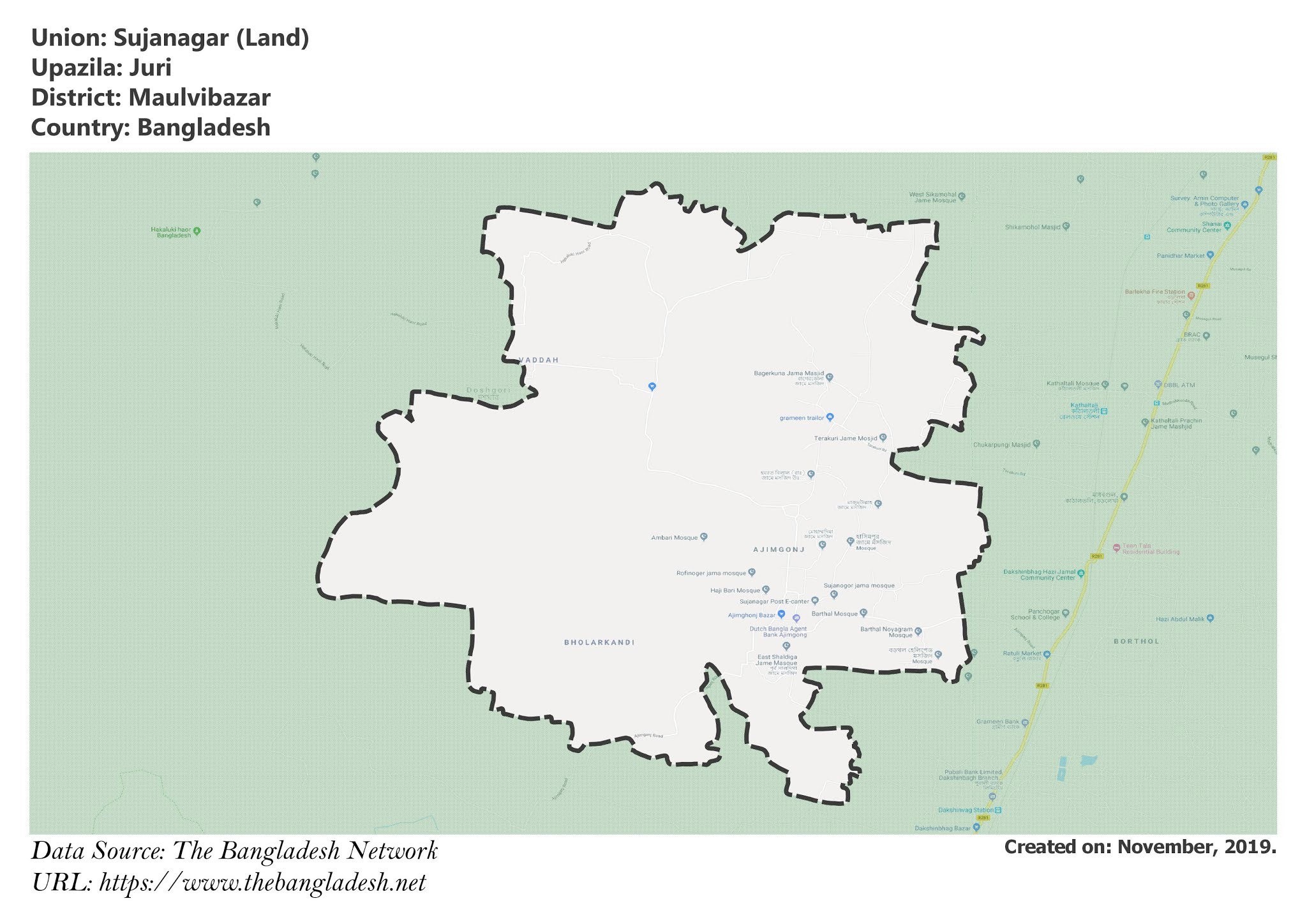 Map of Sujanagar of Maulvibazar, Bangladesh.