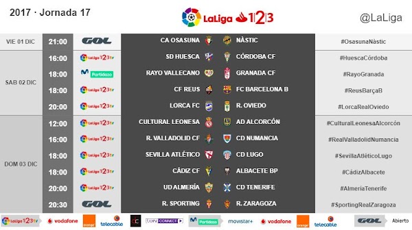 LaLiga 1|2|3 2017/2018, horarios oficiales de la jornada 17