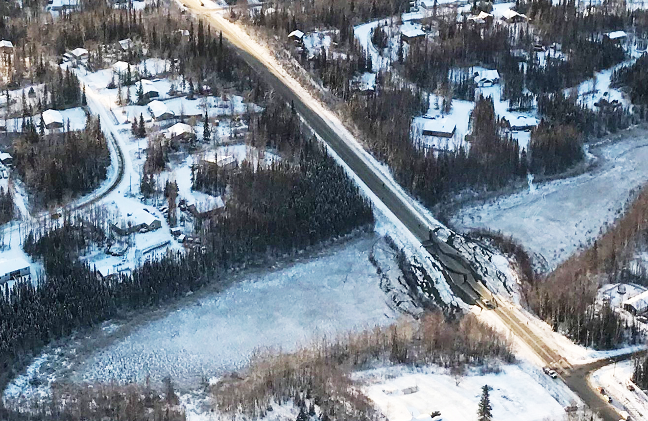aerial view of damaged road