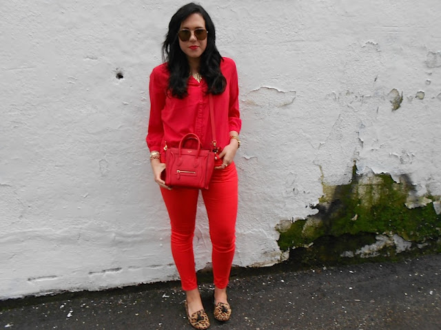 Cherry red monochrome outfit, leopard loafers and Celine Nano handbag