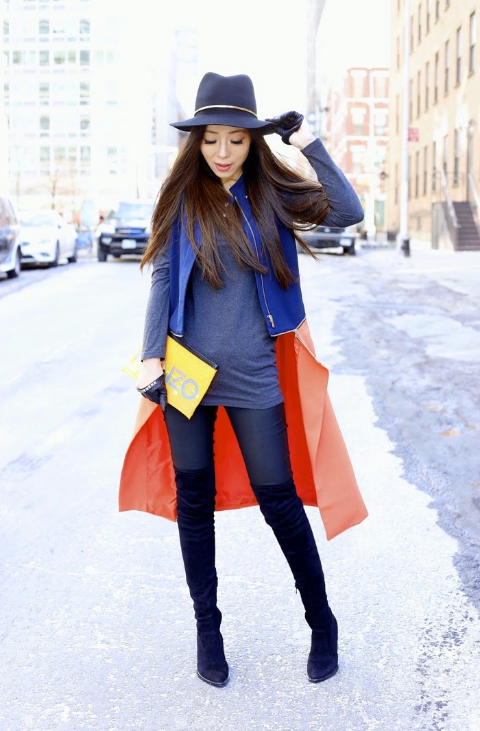Trouve colorblock long vest, Janessa leone Stephen hat, joes jeans, steve madden over the knee boots, fashion blog, how to wear long vest, kenzo clutch, nyc, streetstyle