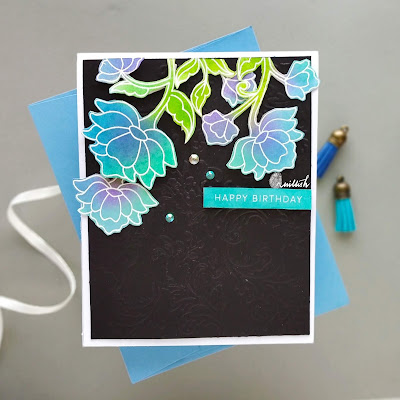 Mudra craft stamp  Persian floral stamps set card, cards by Ishani, Ink blending, distress inks, dry embossing, Embossing folder, Itsy bitsy stamps, floral card, Quillish, Birthday card, Card for her, 