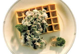 Potato waffle topped with a vegetarian mushroom fricassee