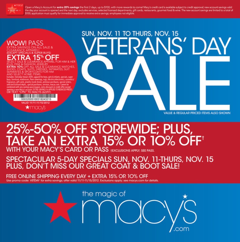 FREE IS MY LIFE: COUPON: Macys Wow Pass for 15% off Veteran&#39;s Day Sale - ENDS 11/15